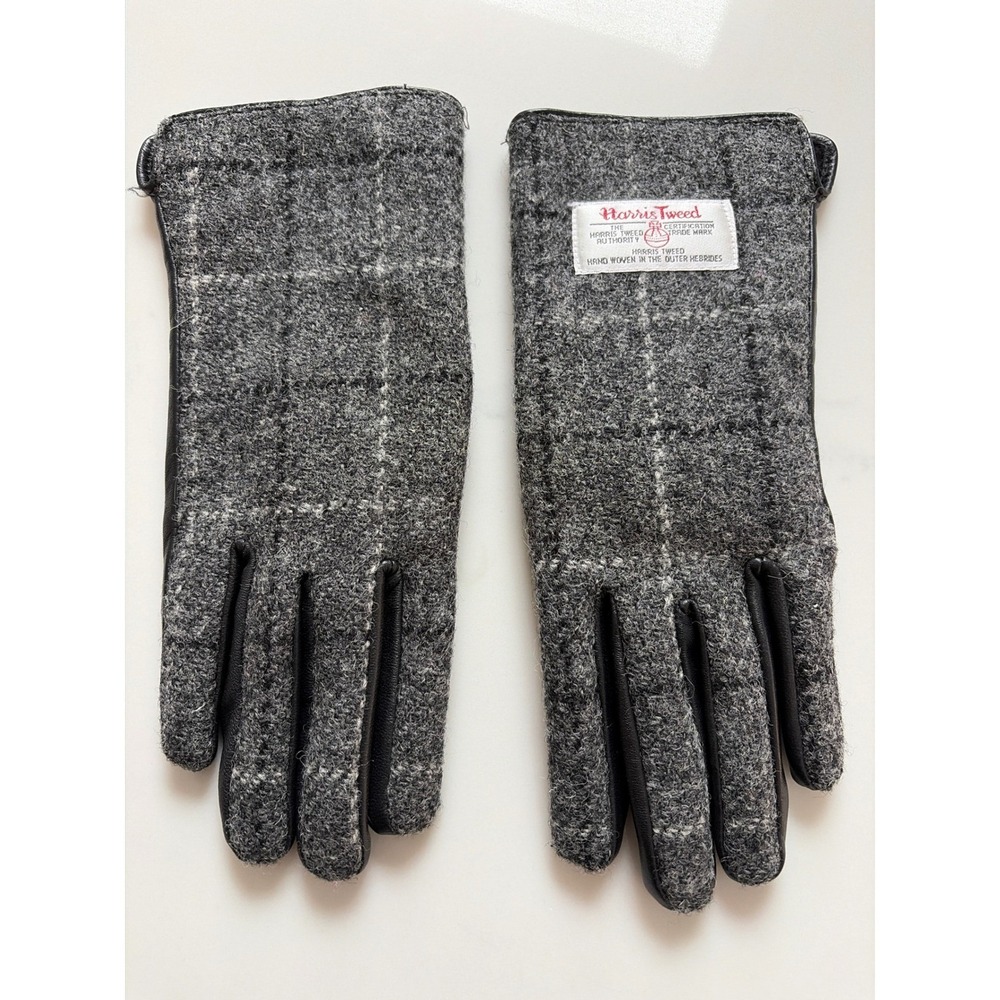 Glen Appin Harris Tweed Leather Gloves Mens Medium Grey Plaid Wool Scottish